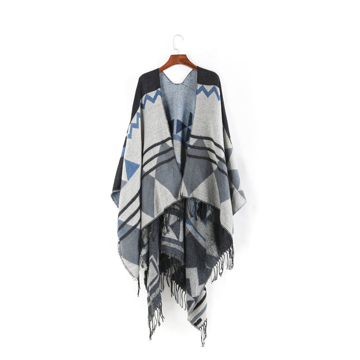 Damen Großer Fransen-Cardigan im Ruana-Stil mit grafischem Jacquard Drune