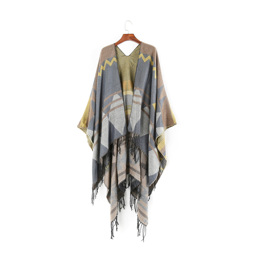 Damen Großer Fransen-Cardigan im Ruana-Stil mit grafischem Jacquard Drune