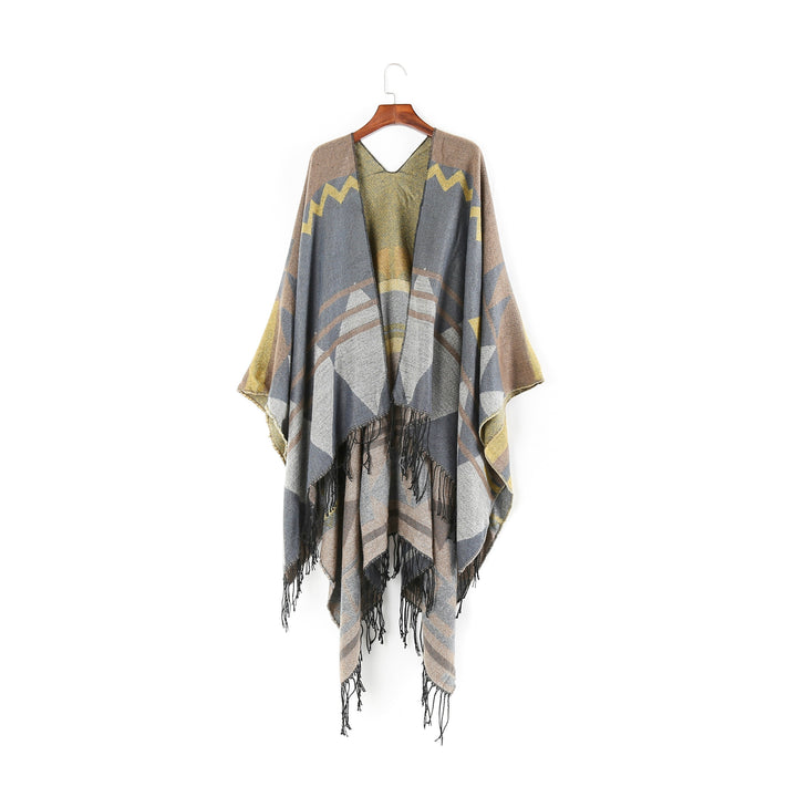 Damen Großer Fransen-Cardigan im Ruana-Stil mit grafischem Jacquard Drune