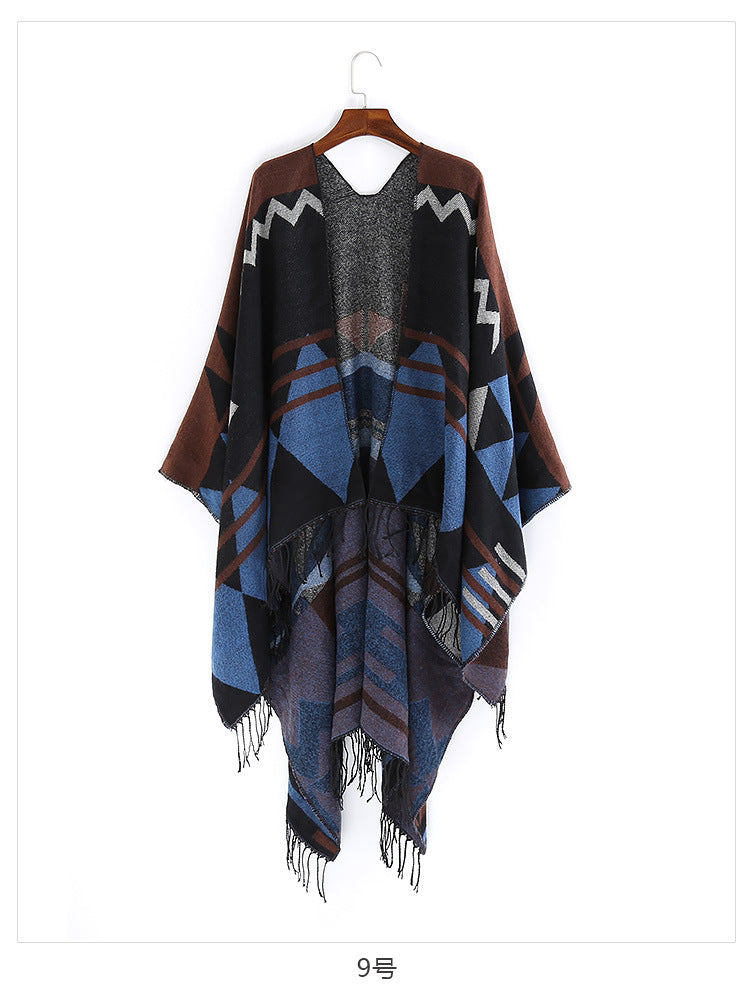 Damen Großer Fransen-Cardigan im Ruana-Stil mit grafischem Jacquard Drune
