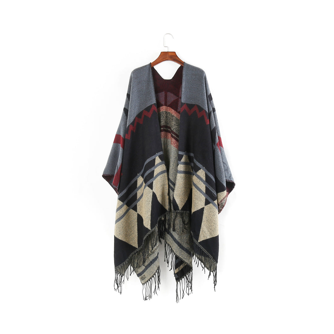 Damen Großer Fransen-Cardigan im Ruana-Stil mit grafischem Jacquard Drune