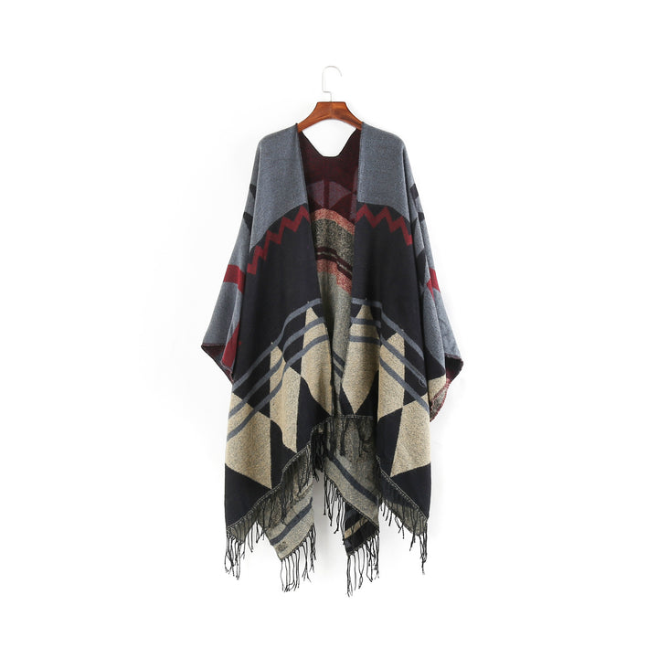 Damen Großer Fransen-Cardigan im Ruana-Stil mit grafischem Jacquard Drune