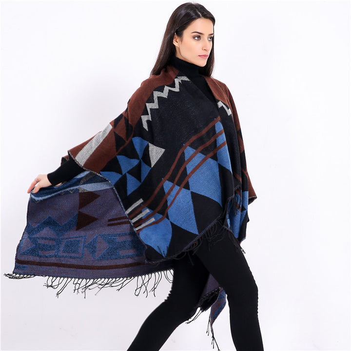 Damen Großer Fransen-Cardigan im Ruana-Stil mit grafischem Jacquard Drune