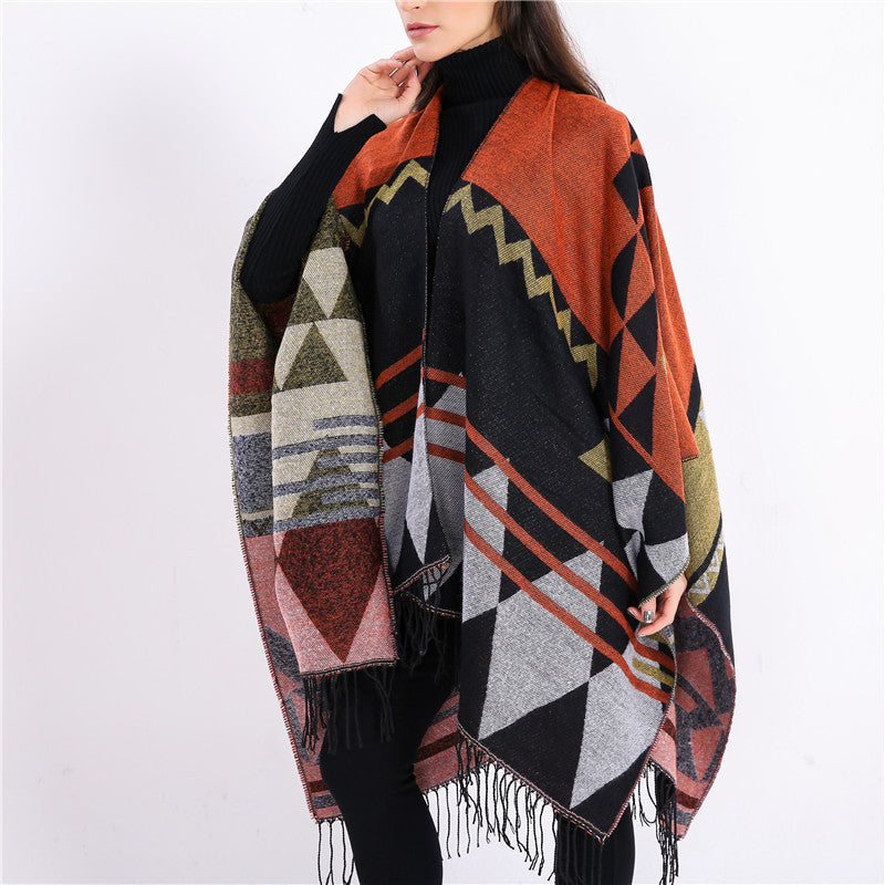 Damen Großer Fransen-Cardigan im Ruana-Stil mit grafischem Jacquard Drune