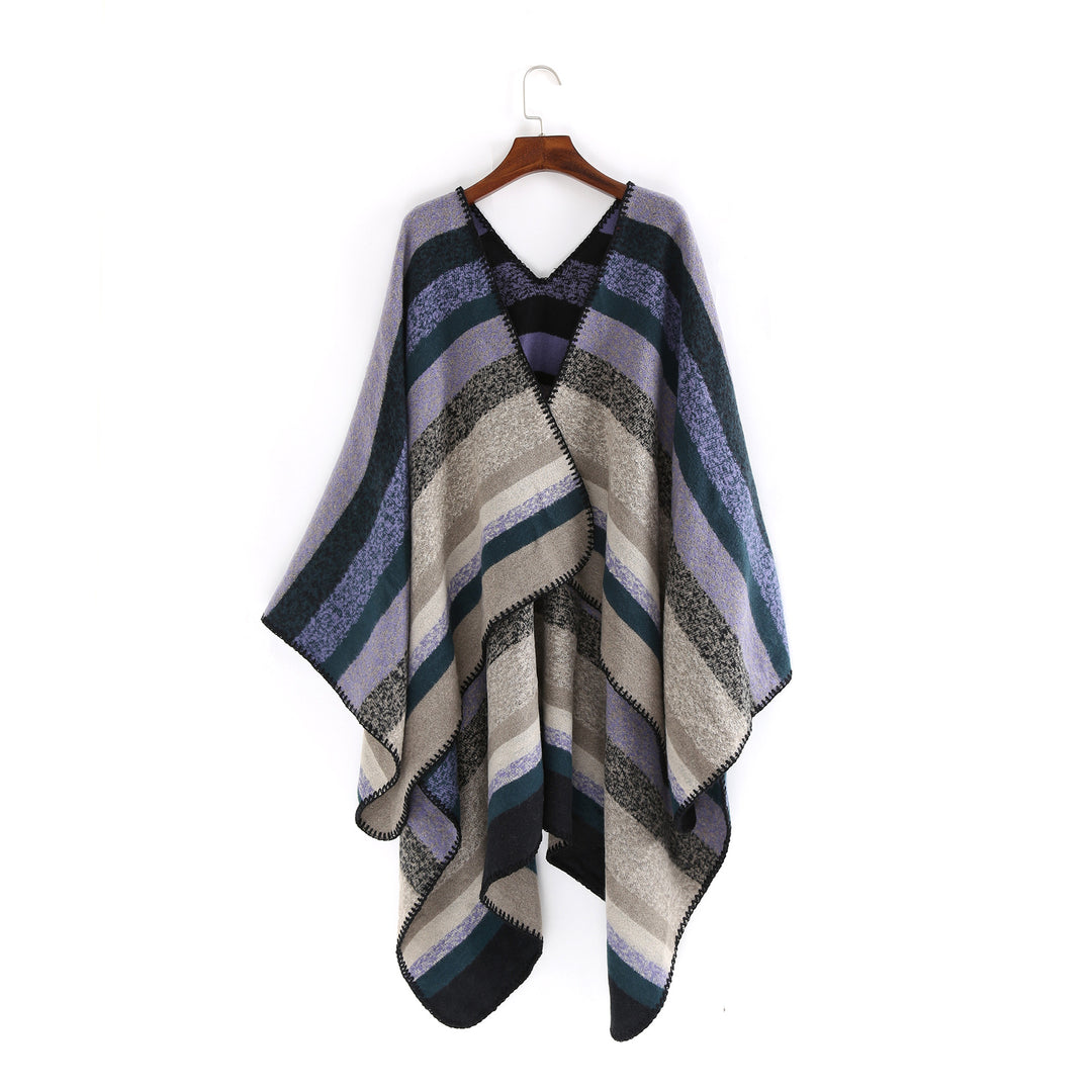 Damen Gewobene Oversize-Ruana mit diagonalem Blockstreifen und Kettelkante Drune