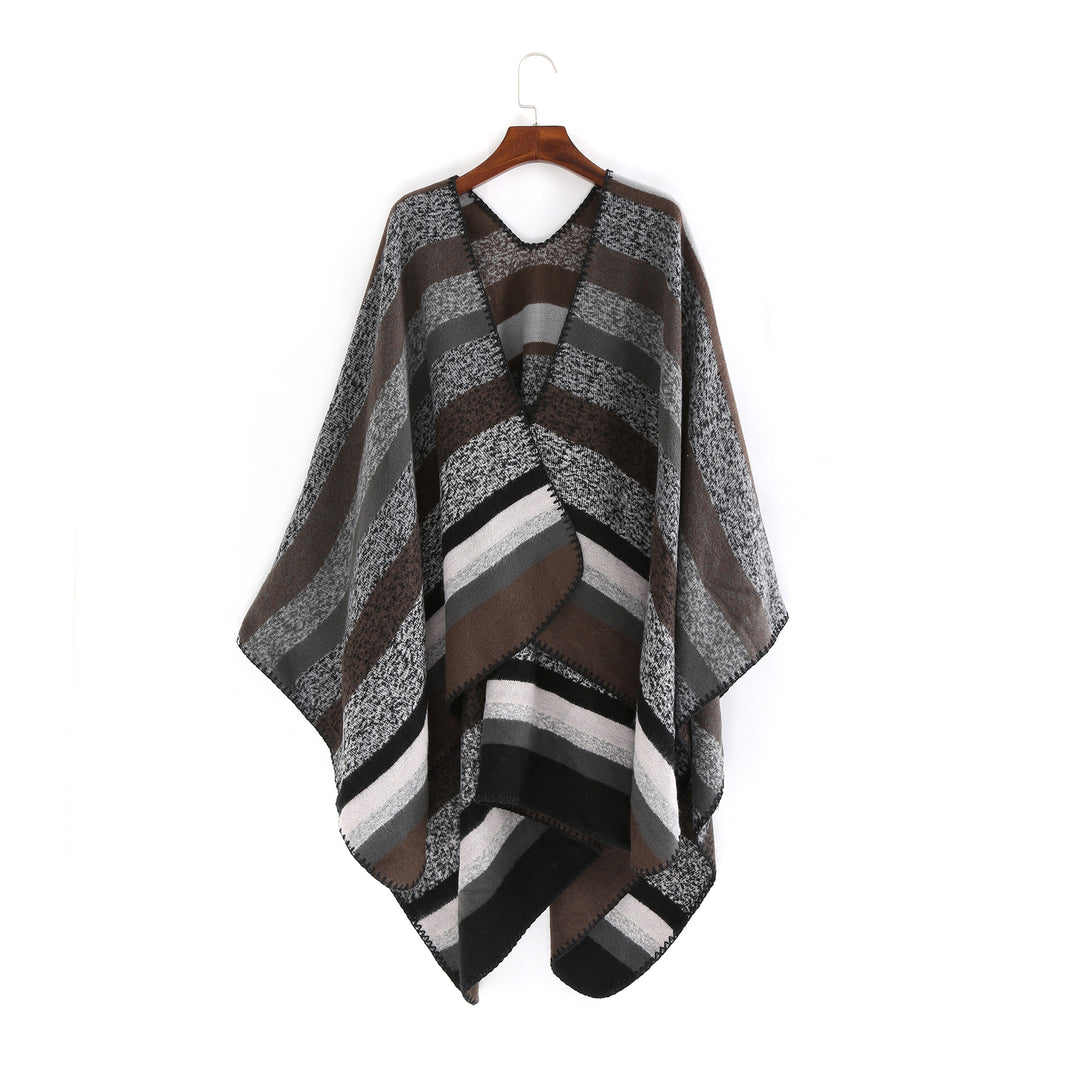 Damen Gewobene Oversize-Ruana mit diagonalem Blockstreifen und Kettelkante Drune