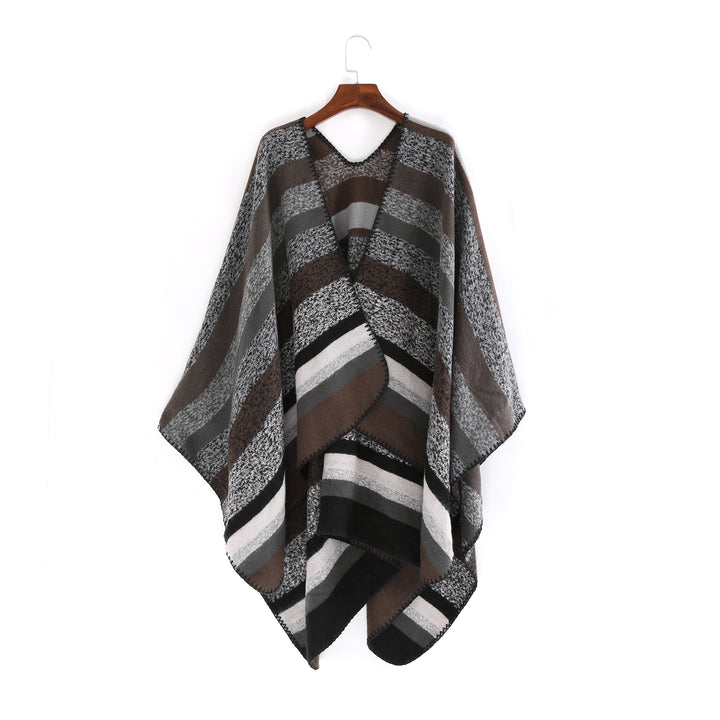 Damen Gewobene Oversize-Ruana mit diagonalem Blockstreifen und Kettelkante Drune