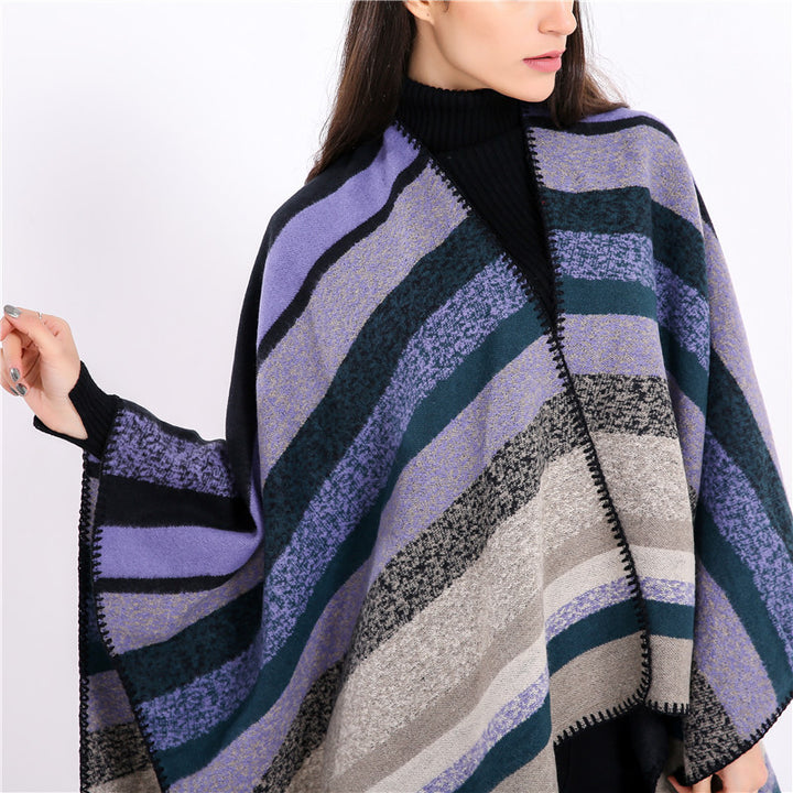Damen Gewobene Oversize-Ruana mit diagonalem Blockstreifen und Kettelkante Drune