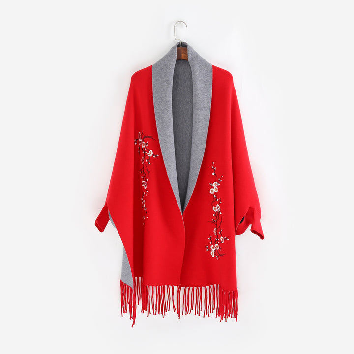 Damen Reversible Strick-Ruana mit Blumenstickerei und Fransensaum Drune