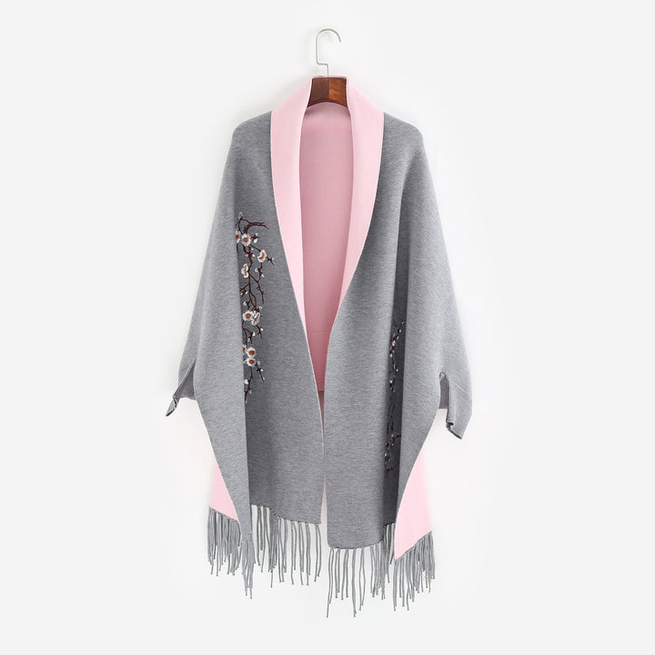 Damen Reversible Strick-Ruana mit Blumenstickerei und Fransensaum Drune