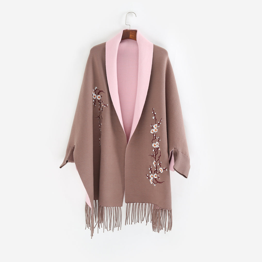 Damen Reversible Strick-Ruana mit Blumenstickerei und Fransensaum Drune