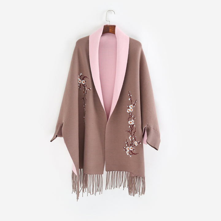 Damen Reversible Strick-Ruana mit Blumenstickerei und Fransensaum Drune