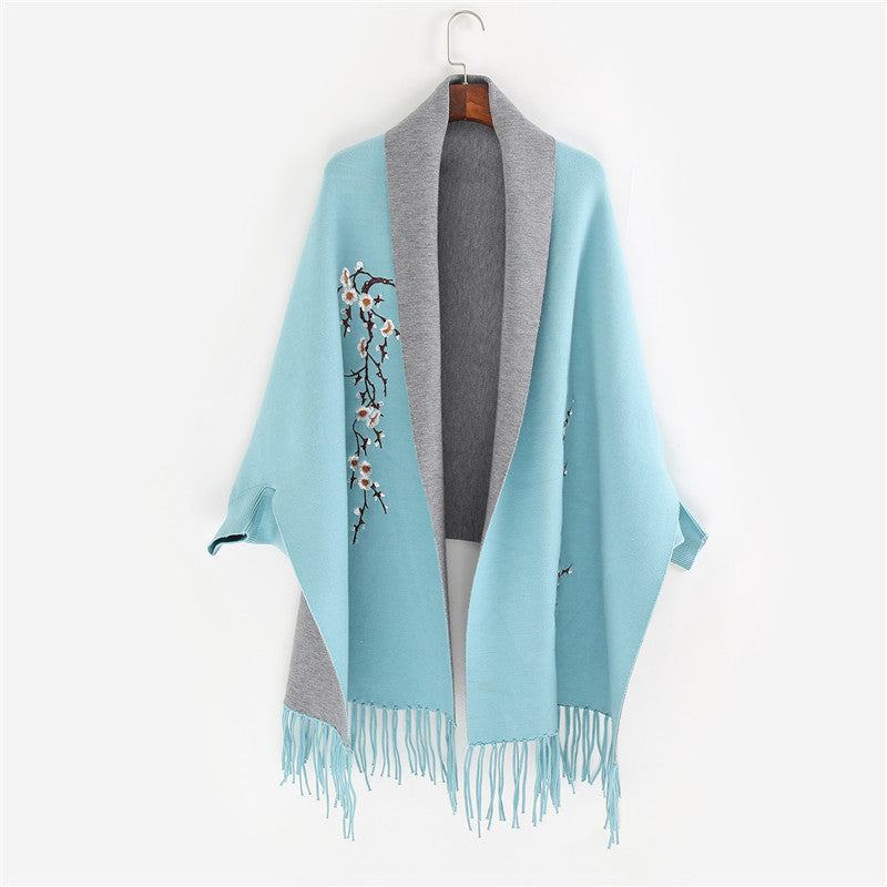Damen Reversible Strick-Ruana mit Blumenstickerei und Fransensaum Drune