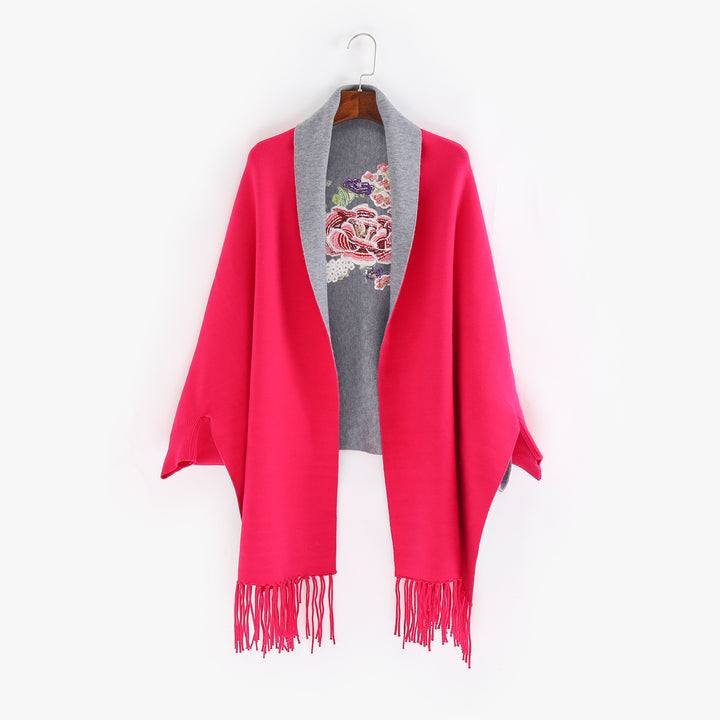 Damen Cape‑Schal mit besticktem Innenfutter und Fransensaum Drune