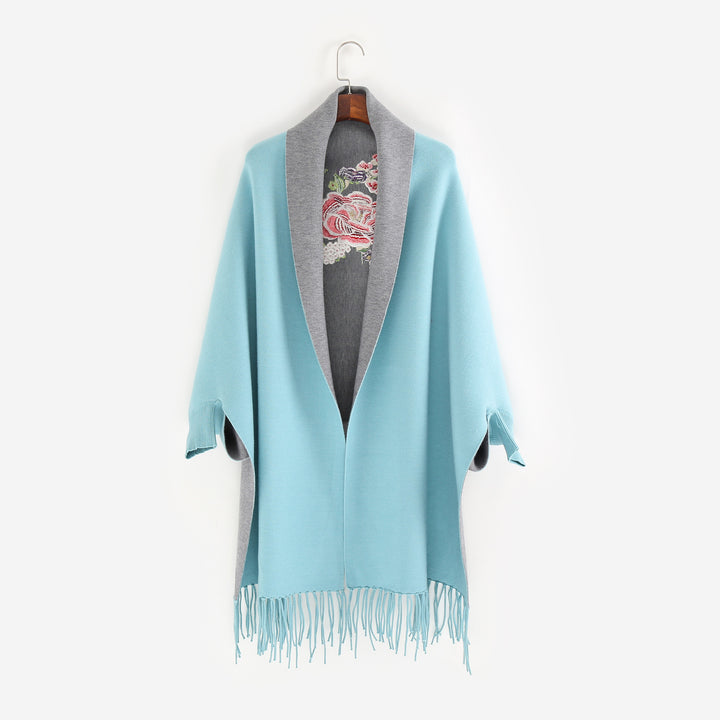 Damen Cape‑Schal mit besticktem Innenfutter und Fransensaum Drune