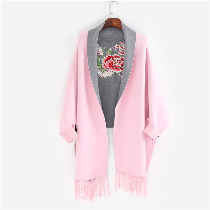 Damen Cape‑Schal mit besticktem Innenfutter und Fransensaum Drune