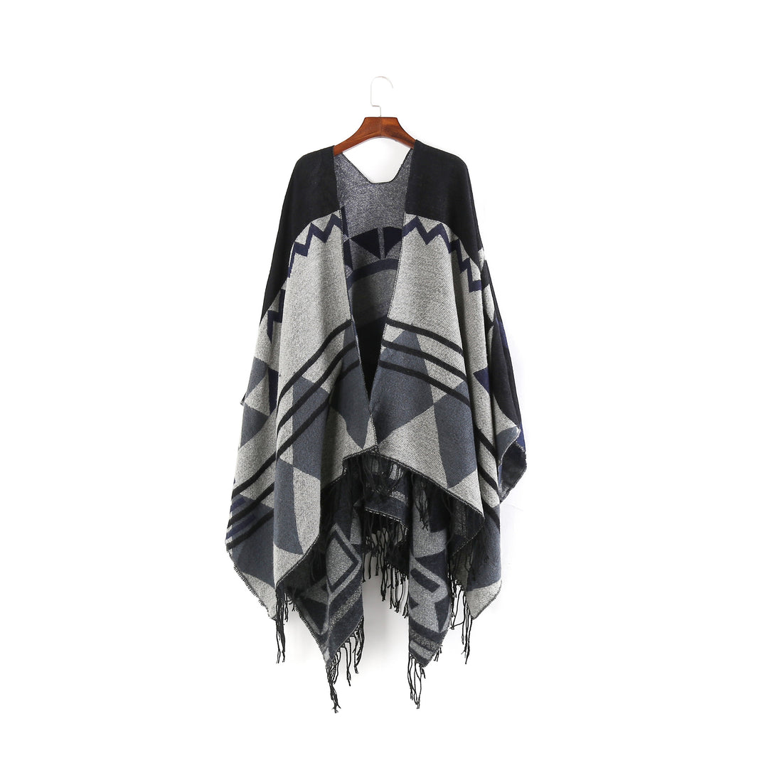 Damen Großer Fransen-Cardigan im Ruana-Stil mit grafischem Jacquard Drune