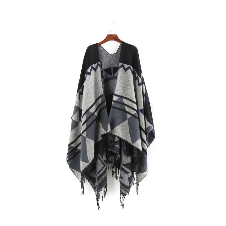Damen Großer Fransen-Cardigan im Ruana-Stil mit grafischem Jacquard Drune
