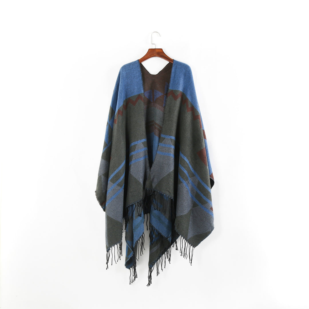 Damen Großer Fransen-Cardigan im Ruana-Stil mit grafischem Jacquard Drune