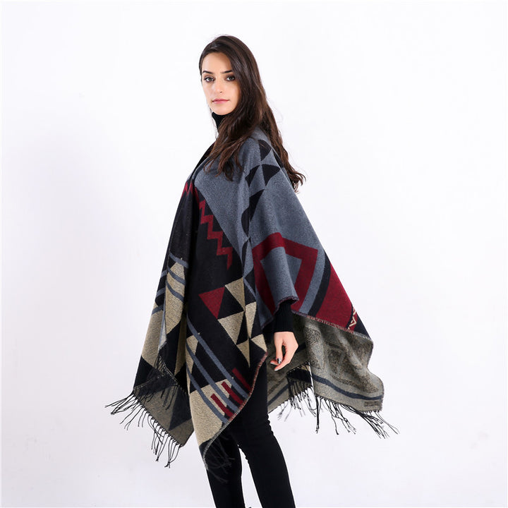 Damen Großer Fransen-Cardigan im Ruana-Stil mit grafischem Jacquard Drune