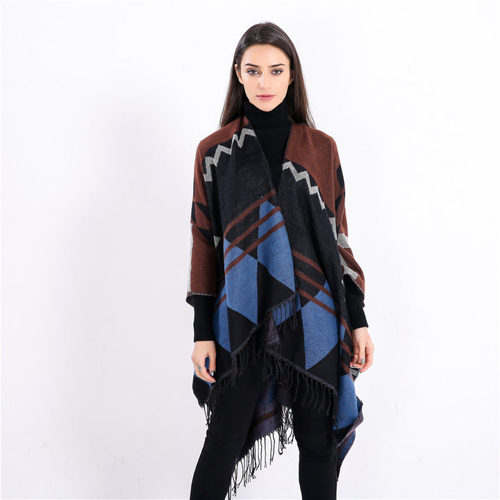 Damen Großer Fransen-Cardigan im Ruana-Stil mit grafischem Jacquard Drune