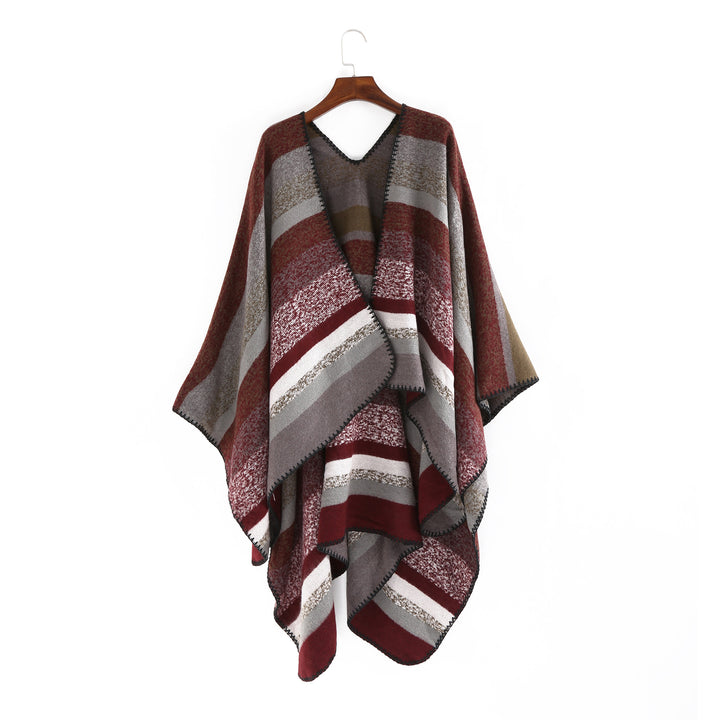 Damen Gewobene Oversize-Ruana mit diagonalem Blockstreifen und Kettelkante Drune