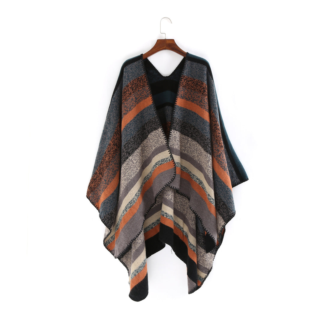 Damen Gewobene Oversize-Ruana mit diagonalem Blockstreifen und Kettelkante Drune