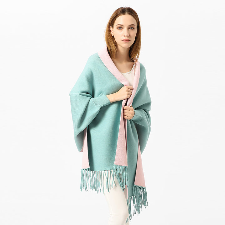 Damen Oversize-Wendecape mit Schalkragen und Fransensaum Drune