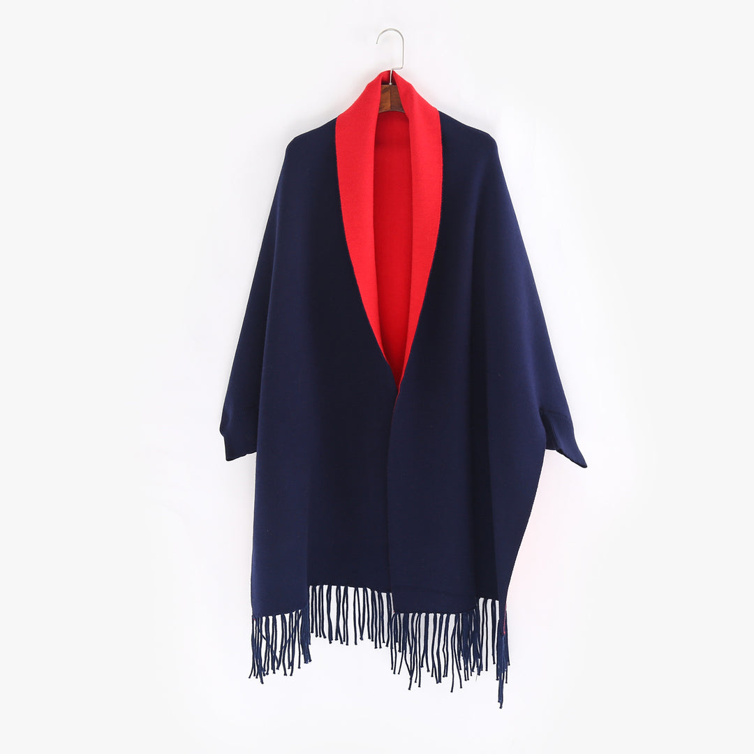 Damen Oversize-Wendecape mit Schalkragen und Fransensaum Drune