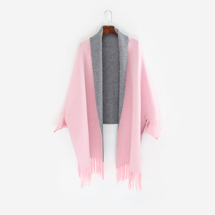 Damen Oversize-Wendecape mit Schalkragen und Fransensaum Drune