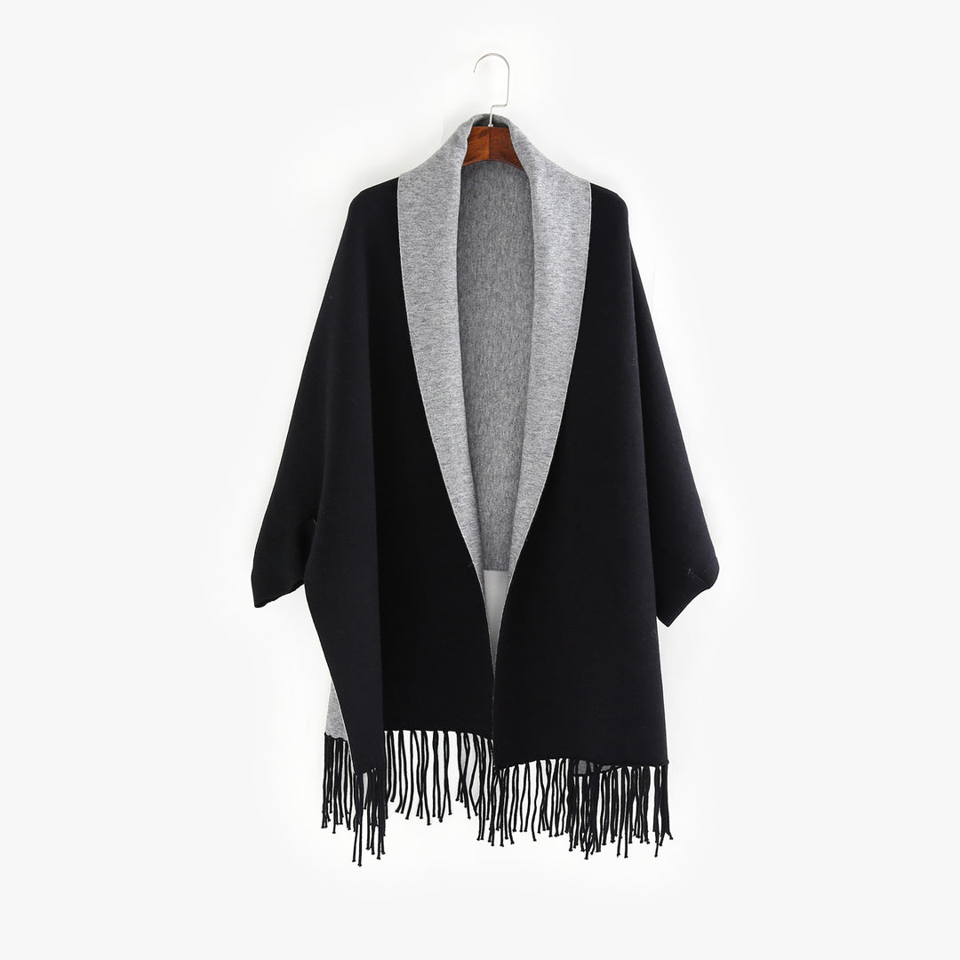 Damen Oversize-Wendecape mit Schalkragen und Fransensaum Drune