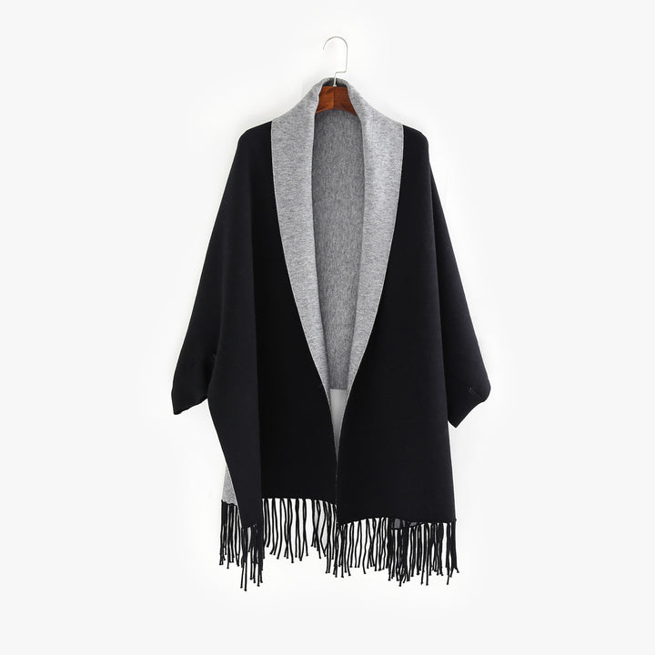 Damen Oversize-Wendecape mit Schalkragen und Fransensaum Drune
