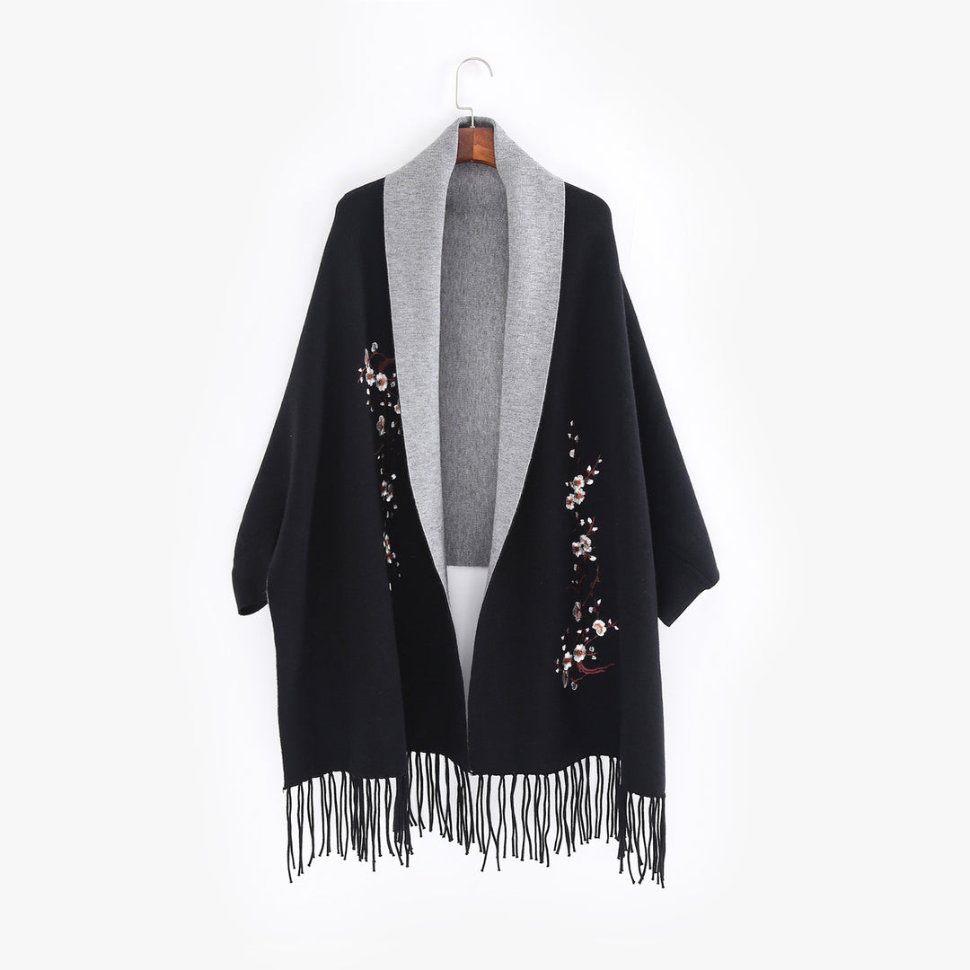Damen Reversible Strick-Ruana mit Blumenstickerei und Fransensaum Drune