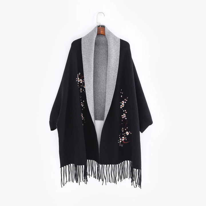 Damen Reversible Strick-Ruana mit Blumenstickerei und Fransensaum Drune