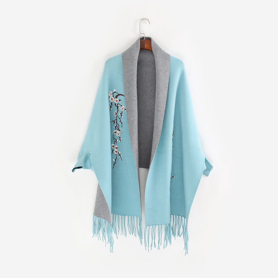 Damen Reversible Strick-Ruana mit Blumenstickerei und Fransensaum Drune