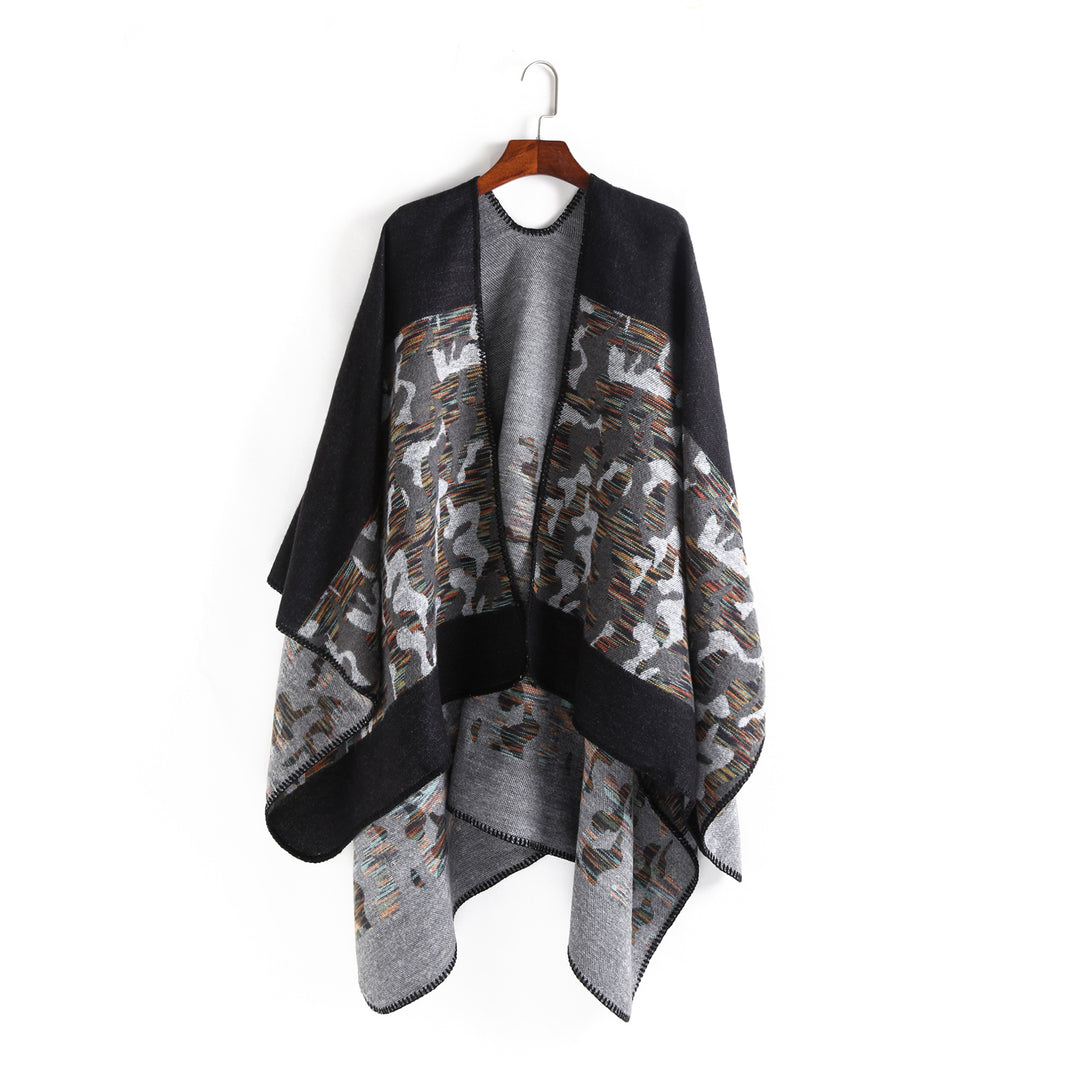 Damen Oversize-Ruana-Umhang aus Wollmix mit geometrischem Jacquardbesatz Drune