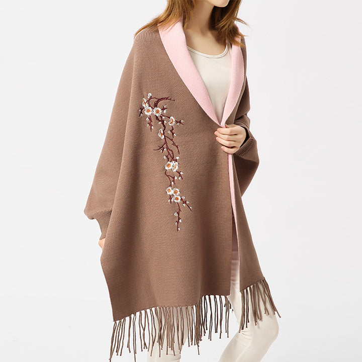 Damen Reversible Strick-Ruana mit Blumenstickerei und Fransensaum Drune