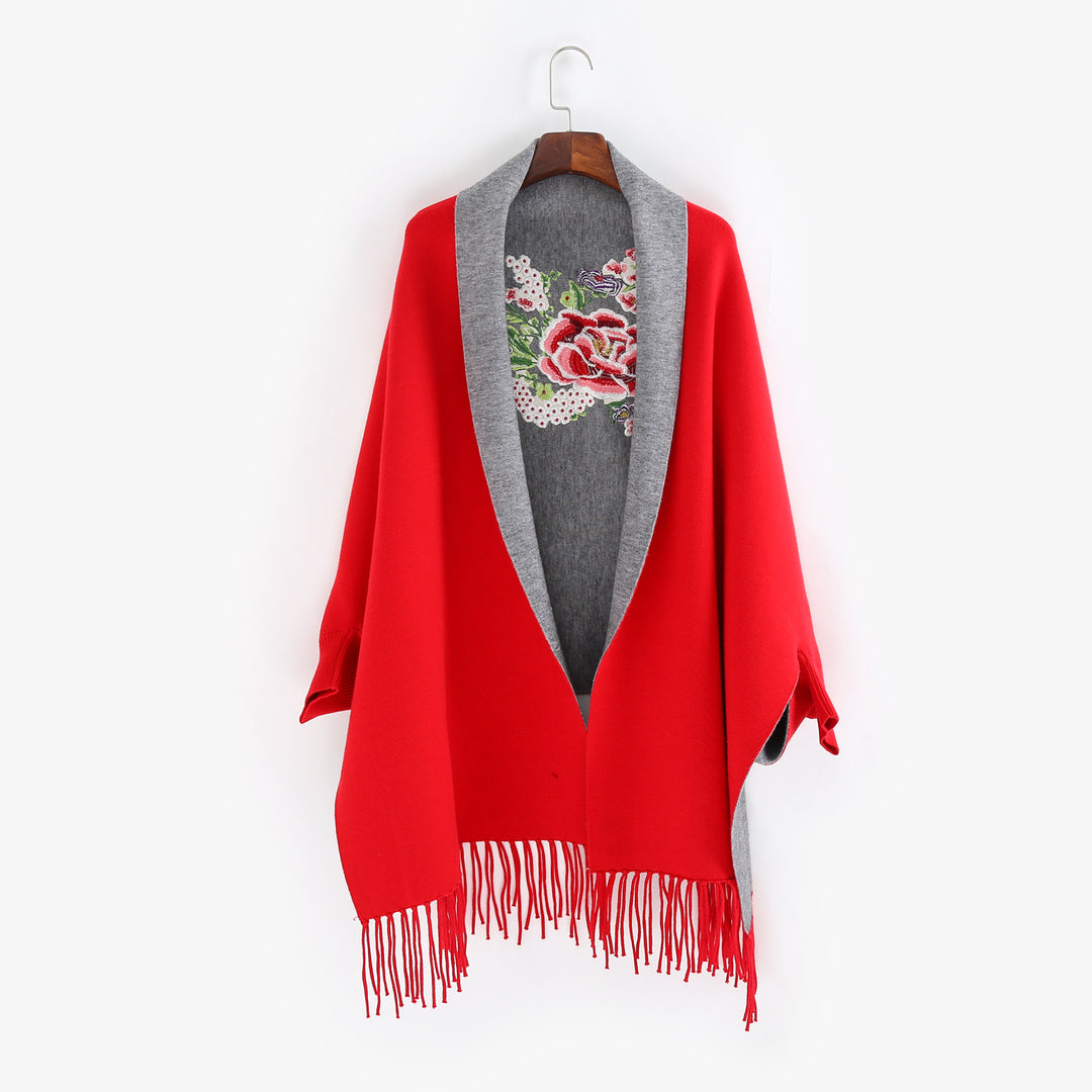 Damen Cape‑Schal mit besticktem Innenfutter und Fransensaum Drune