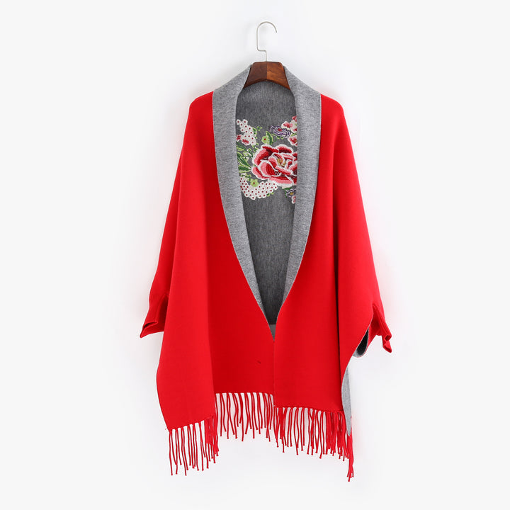 Damen Cape‑Schal mit besticktem Innenfutter und Fransensaum Drune