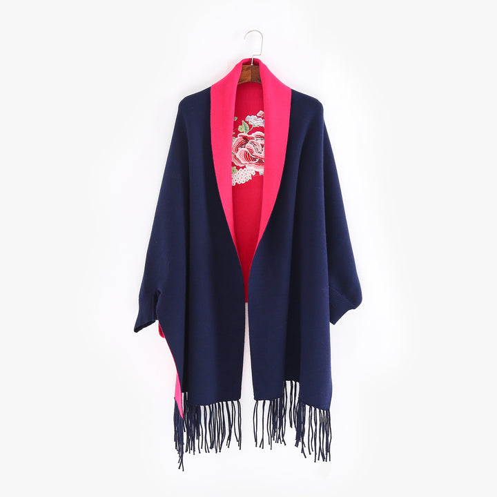 Damen Cape‑Schal mit besticktem Innenfutter und Fransensaum Drune