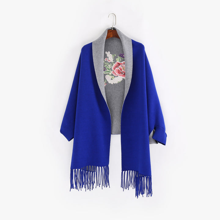 Damen Cape‑Schal mit besticktem Innenfutter und Fransensaum Drune