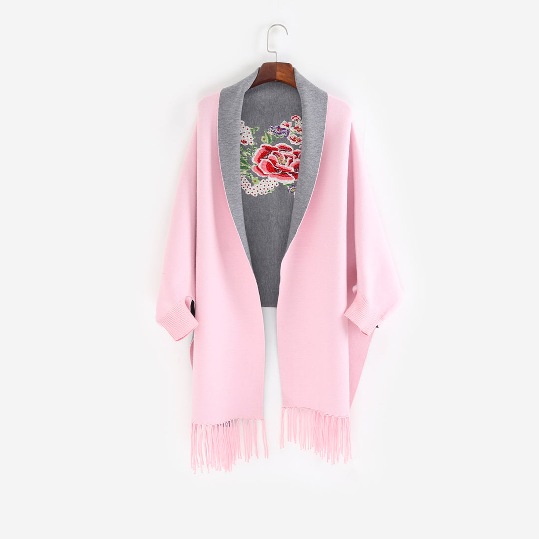 Damen Cape‑Schal mit besticktem Innenfutter und Fransensaum Drune