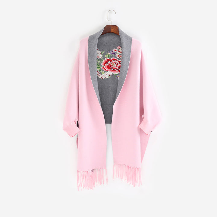 Damen Cape‑Schal mit besticktem Innenfutter und Fransensaum Drune