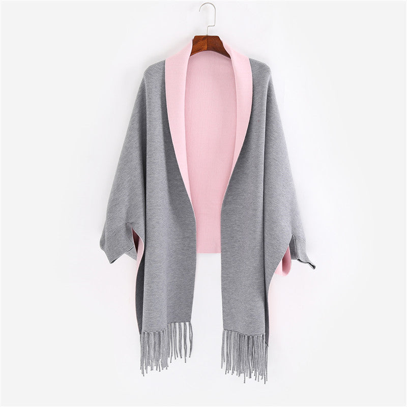 Damen Oversize-Wendecape mit Schalkragen und Fransensaum Drune