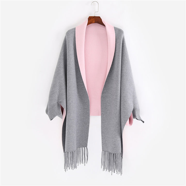 Damen Oversize-Wendecape mit Schalkragen und Fransensaum Drune
