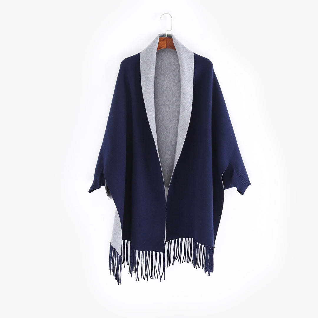 Damen Oversize-Wendecape mit Schalkragen und Fransensaum Drune
