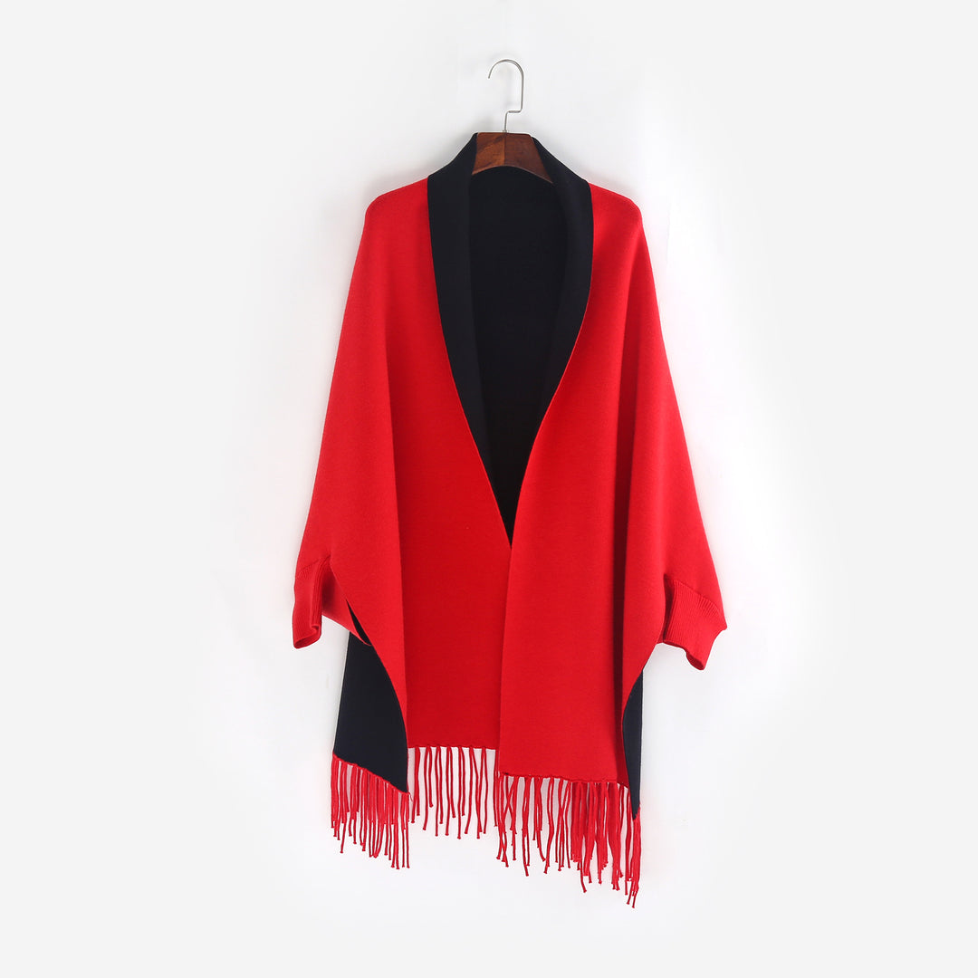 Damen Oversize-Wendecape mit Schalkragen und Fransensaum Drune