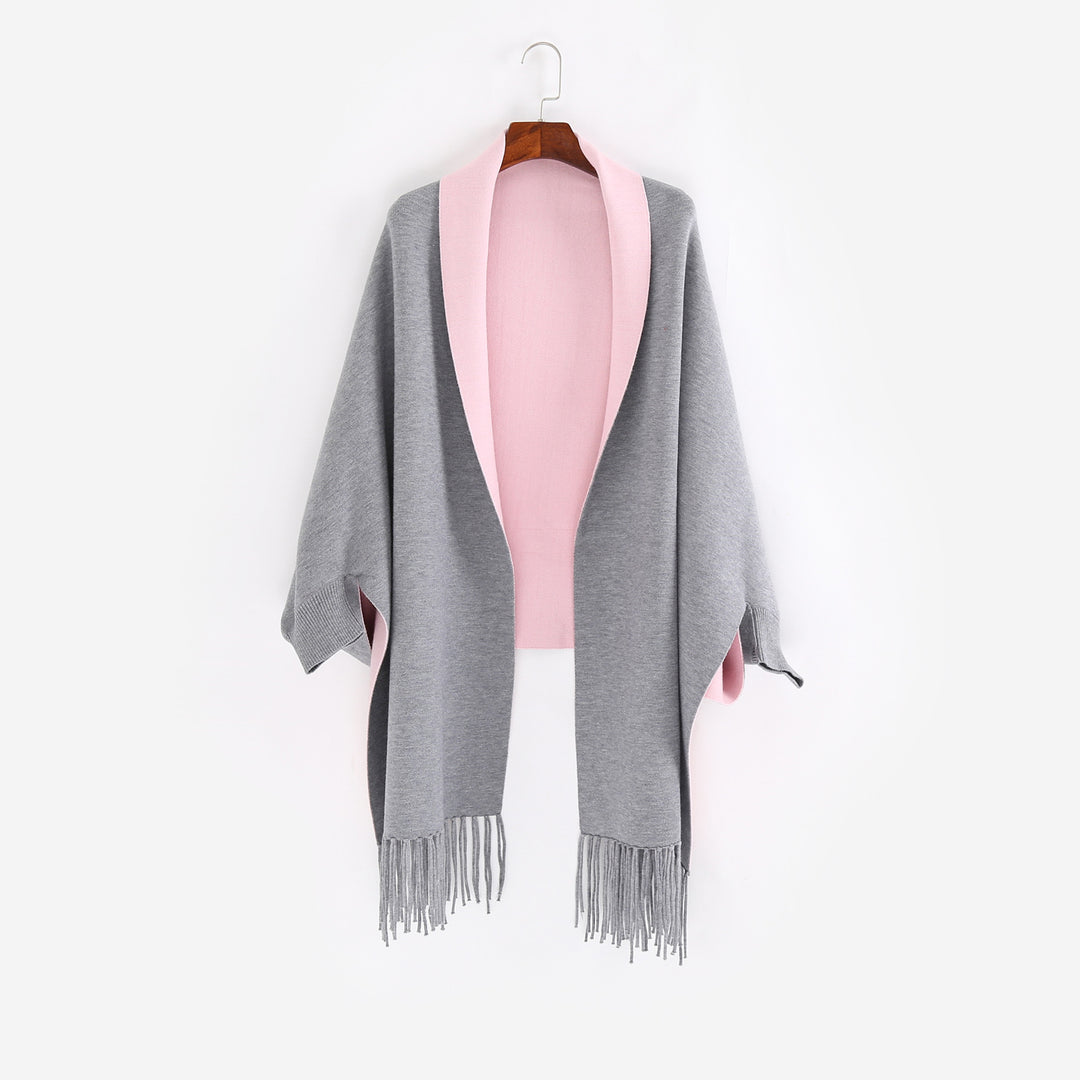 Damen Oversize-Wendecape mit Schalkragen und Fransensaum Drune