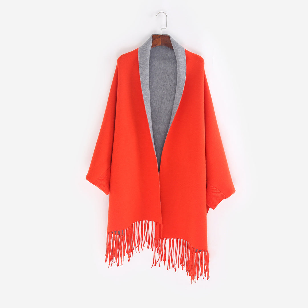 Damen Oversize-Wendecape mit Schalkragen und Fransensaum Drune