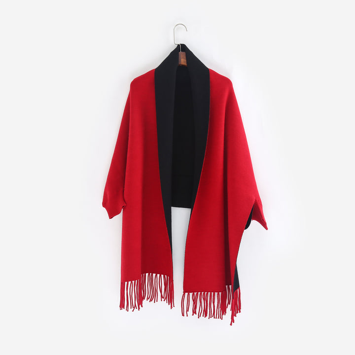 Damen Oversize-Wendecape mit Schalkragen und Fransensaum Drune
